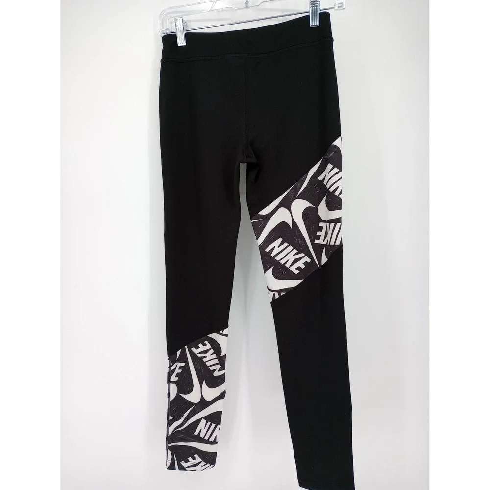 Nike Dri-Fit Leggings Girls XL Black White Swoosh Logo Graphic Activewear